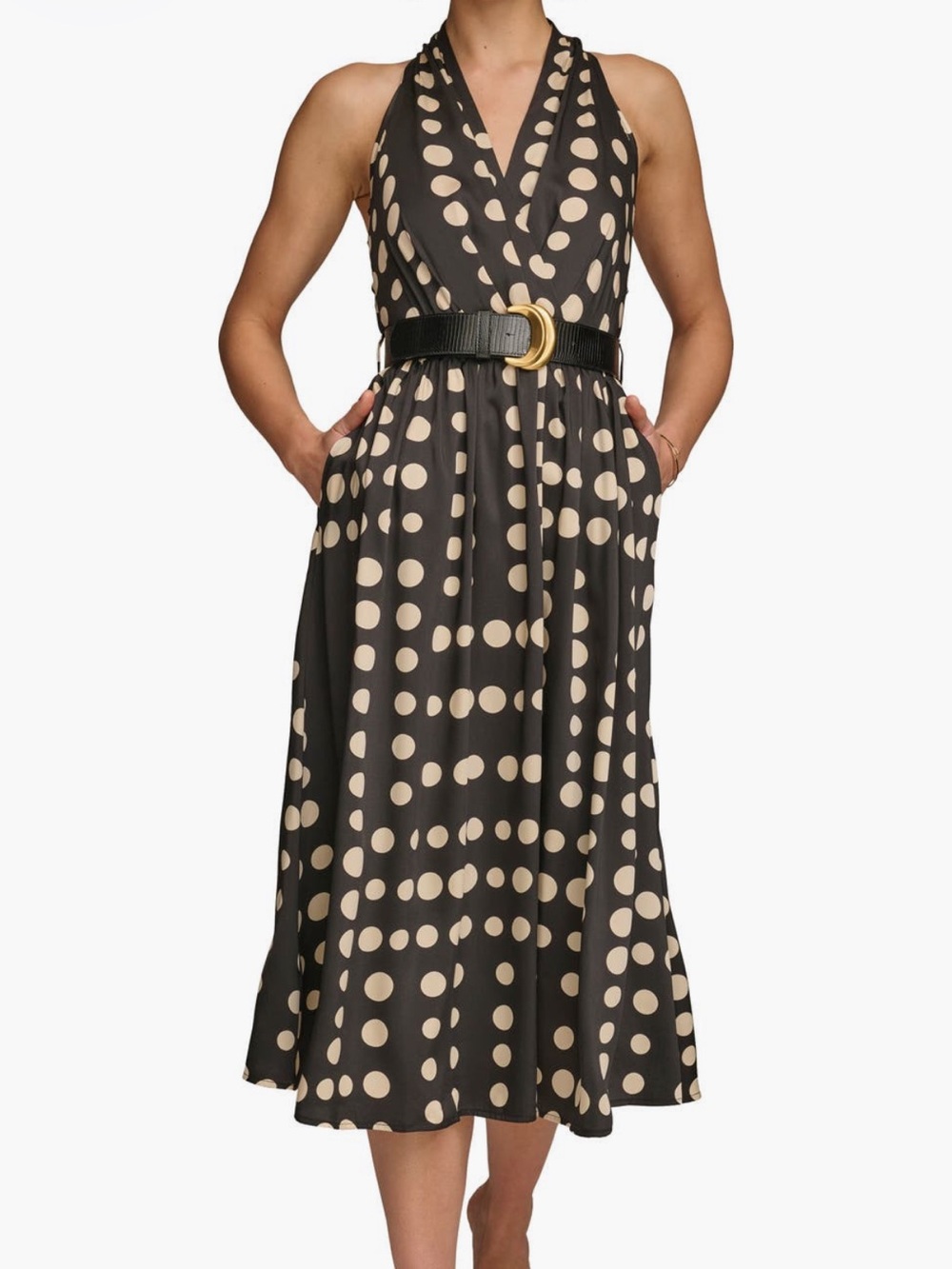 Donna Karan Black Polka Dot Halter Belted Midi Dress Size 8